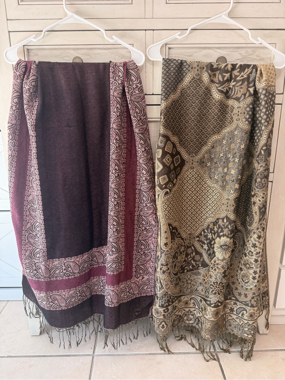 BUNDLE 2 Large Brown Metallica Gold knit fringe & Dark Burgundy Paisley SCARVES